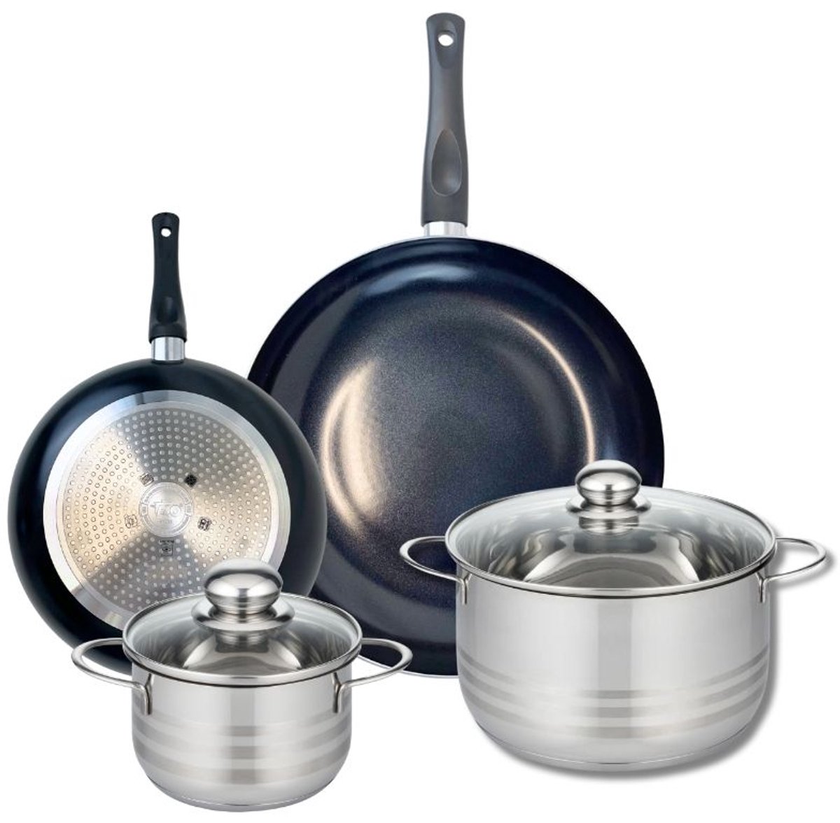 Set van 2 Koekenpannen 20 en 28 cm en 2 kookpotten 14 en 20 cm Elo Prima Glanzend
