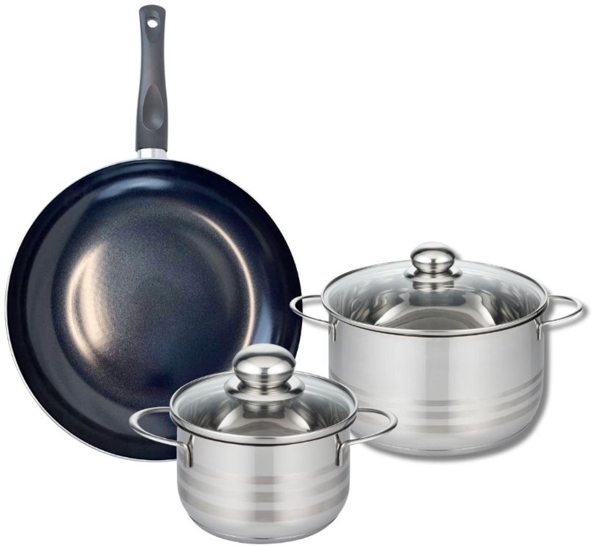Set van 1 Koekenpan 28 cm en 2 kookpotten 16 en 20 cm Elo Prima Glanzend