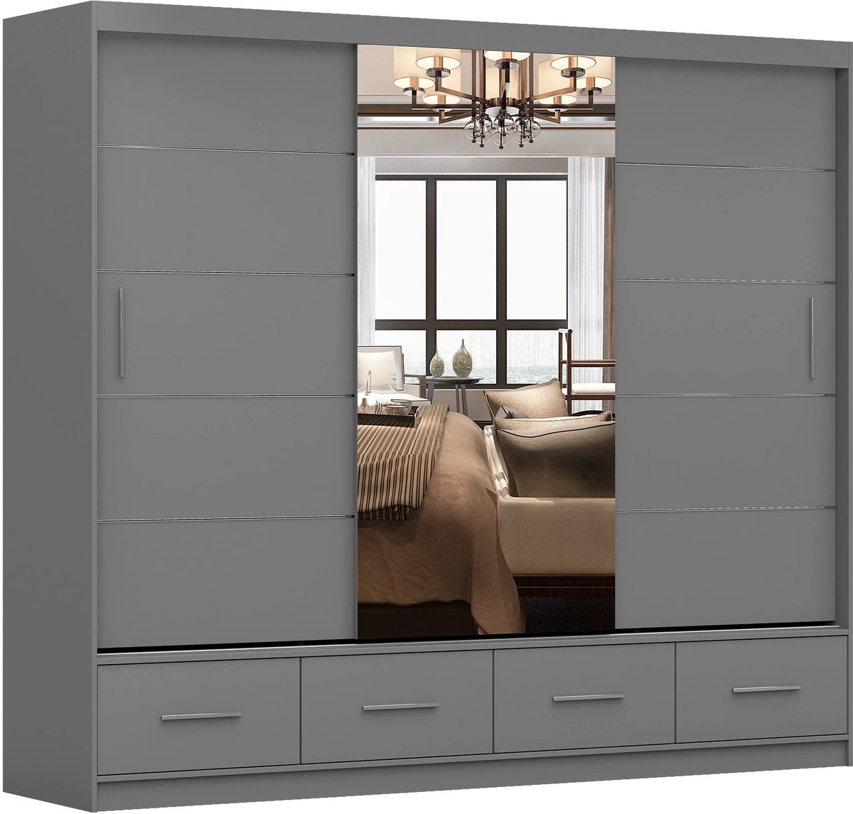 AJE Meubles B.V. Kledingkast FLIX 250 cm - 3-deurs schuifdeurkast met lades en decoratieve spijlen - Ruime garderobekast met schuifdeuren voor slaapkamer (Grijs)