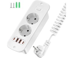 StayPowered Inbouw Stopcontact - Altijd Opladen Binnen Handbereik - 2 USB C-poorten - 2 USB A-poorten - 2 Schuko Stopcontacten - Inschuifbaar Ontwerp - 2m Verlengkabel - Compact en Veilig - Wit - Levering Sneller dan Aangegeven!