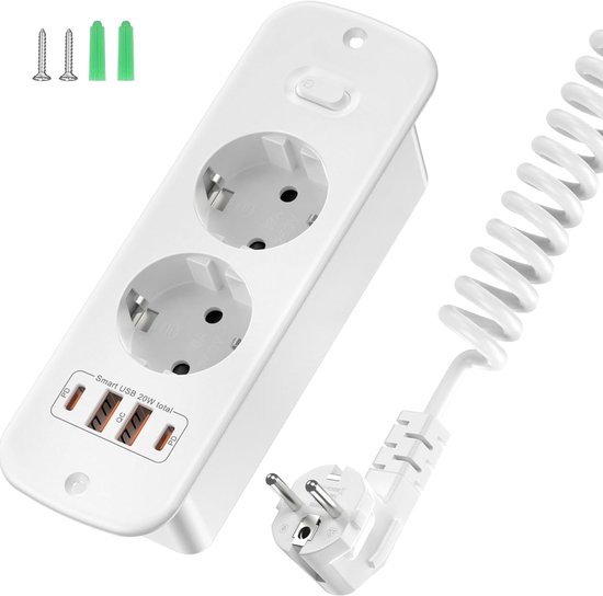 StayPowered Inbouw Stopcontact - Altijd Opladen Binnen Handbereik - 2 USB C-poorten - 2 USB A-poorten - 2 Schuko Stopcontacten - Inschuifbaar Ontwerp - 2m Verlengkabel - Compact en Veilig - Wit - Levering Sneller dan Aangegeven!