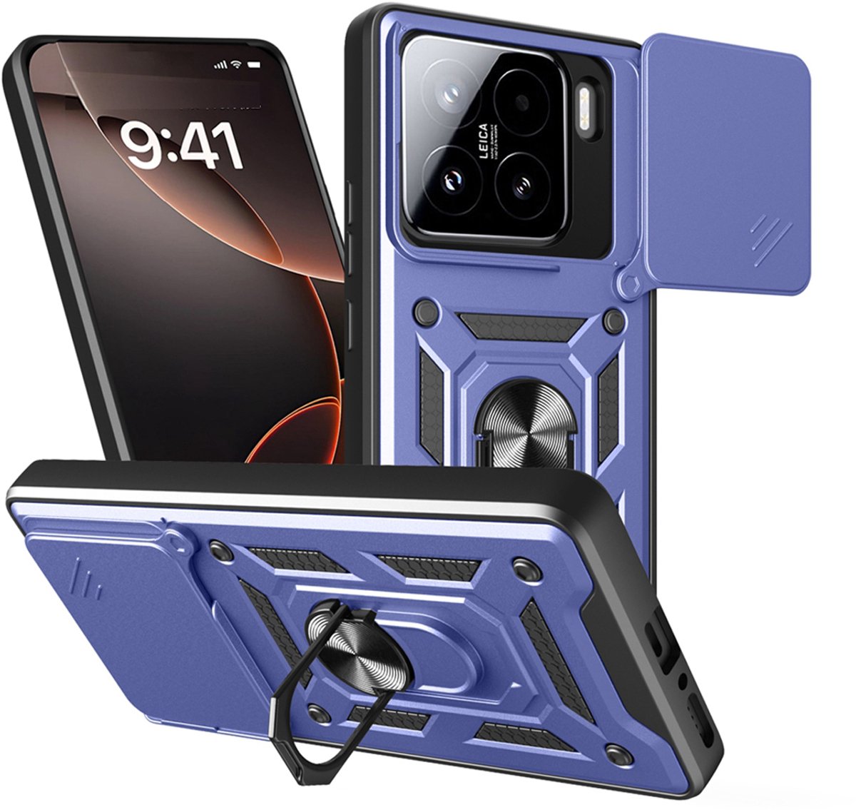 MobyDefend Hoesje - Geschikt voor Xiaomi 15 - Pantsercase Met Draaibare Ring - Blauw