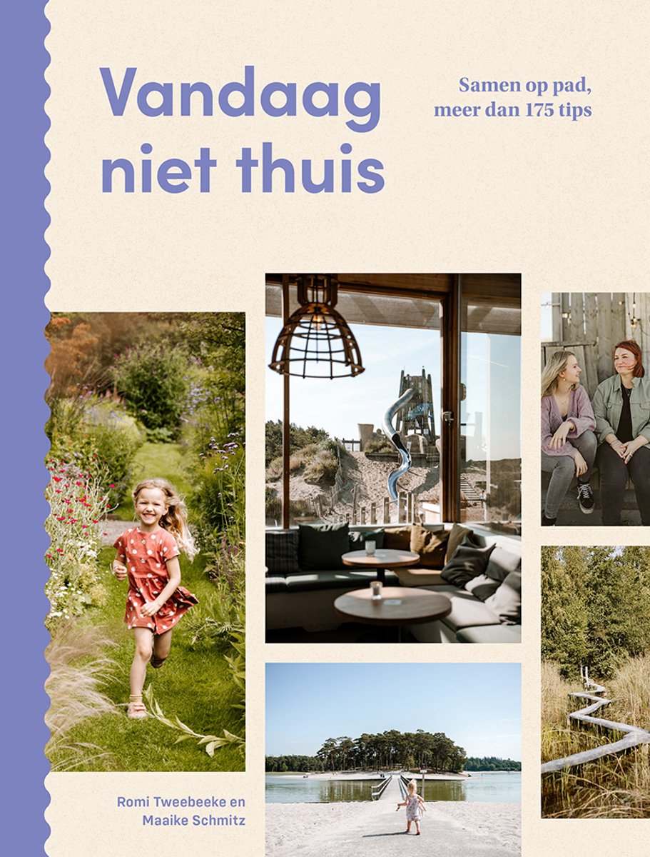 Boek met vier foto's: meisje rent in tuin, interieur met glijbaan, twee vrouwen op bank, kind op strand met boardwalk.