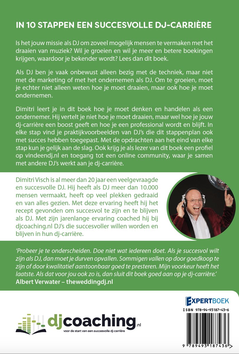 Achterkant van het boek met tekst en een foto van Dimitri Visch.