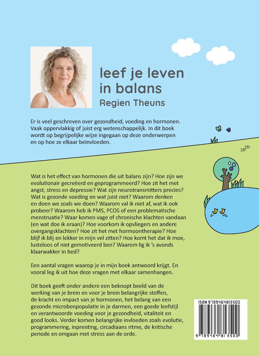 Vrouw met krullend bruin haar, lachend, in wit shirt. Titel: leef je leven in balans.