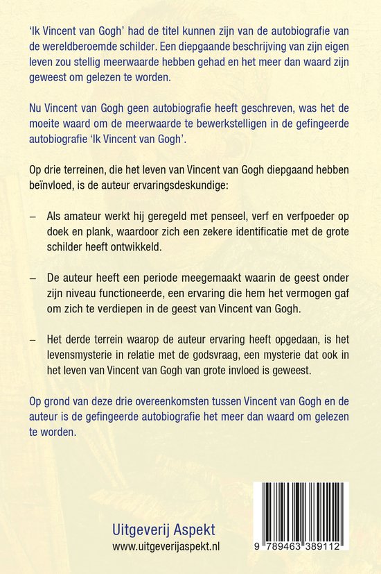 De achterkant van het boek 'Ik Vincent van Gogh' met tekst over de inhoud en uitgeverij Aspekt.