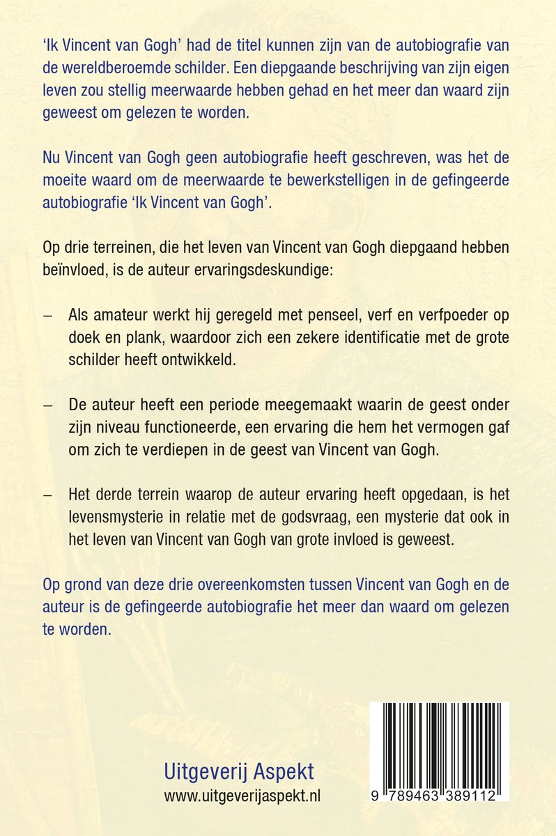De achterkant van het boek 'Ik Vincent van Gogh' met tekst over de inhoud en uitgeverij Aspekt.