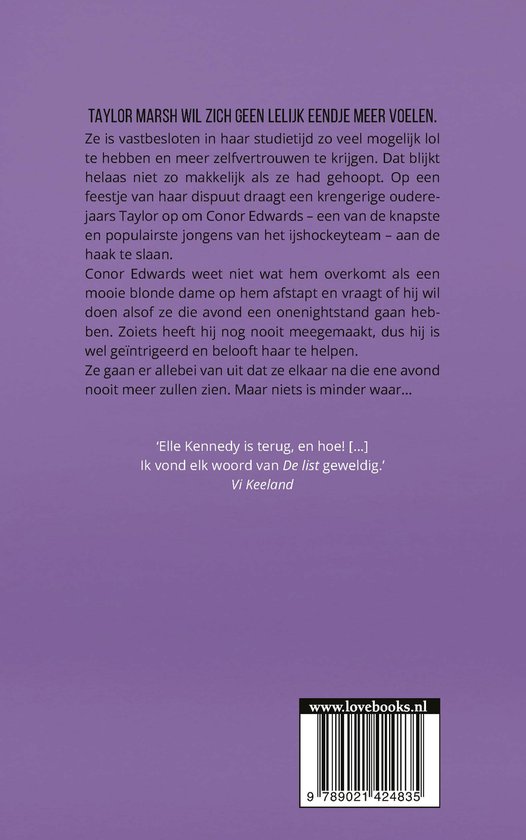 Achterkant van het boek 'De List' van Elle Kennedy. Met tekst over de plot en citaten.