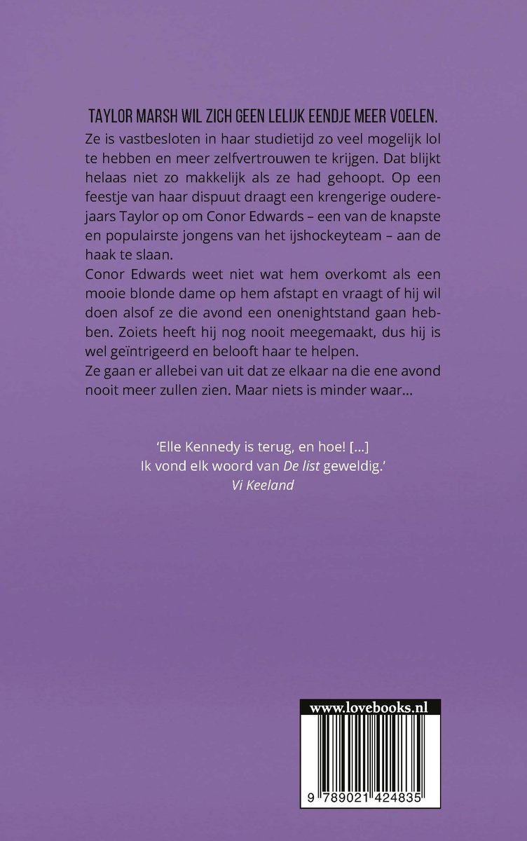 Achterkant van het boek 'De List' van Elle Kennedy. Met tekst over de plot en citaten.