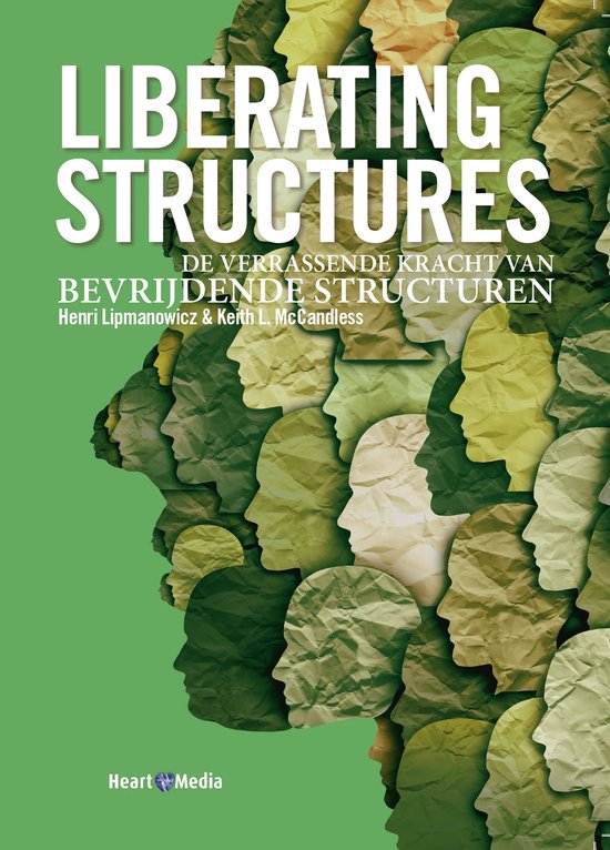 Boekomslag "Liberating Structures" met groene achtergrond en gestileerde hoofden.