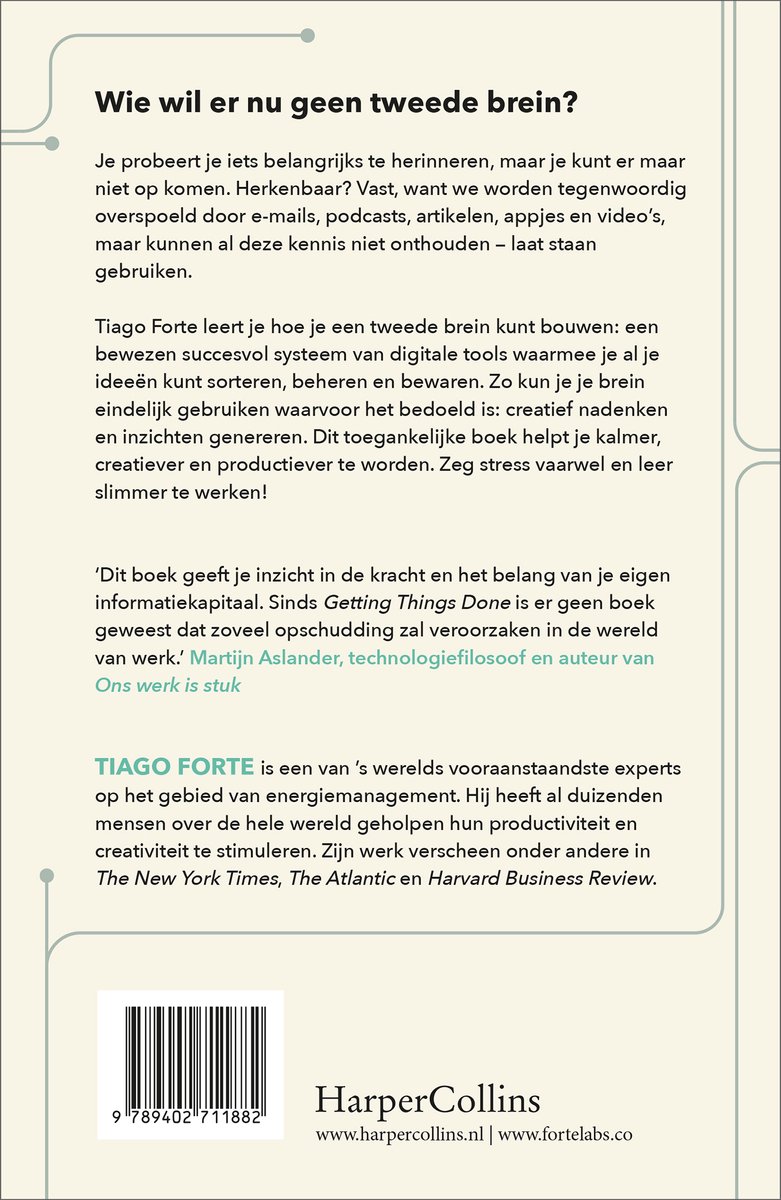 Boek "Building a Second Brain" van Tiago Forte. Een boek over het organiseren van je gedachten en digitale informatie. Met ISBN-streepjescode.