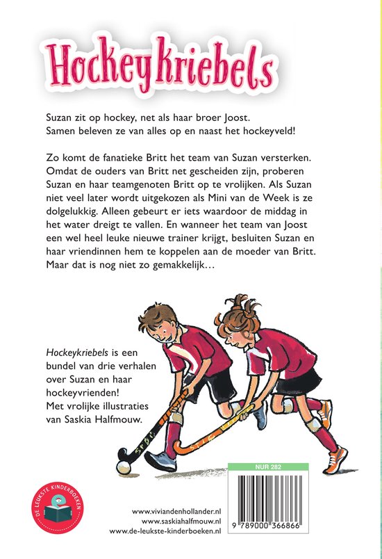 Boekcover met titel "Hockeykriebels", tekst, en illustratie van twee meisjes die hockey spelen.