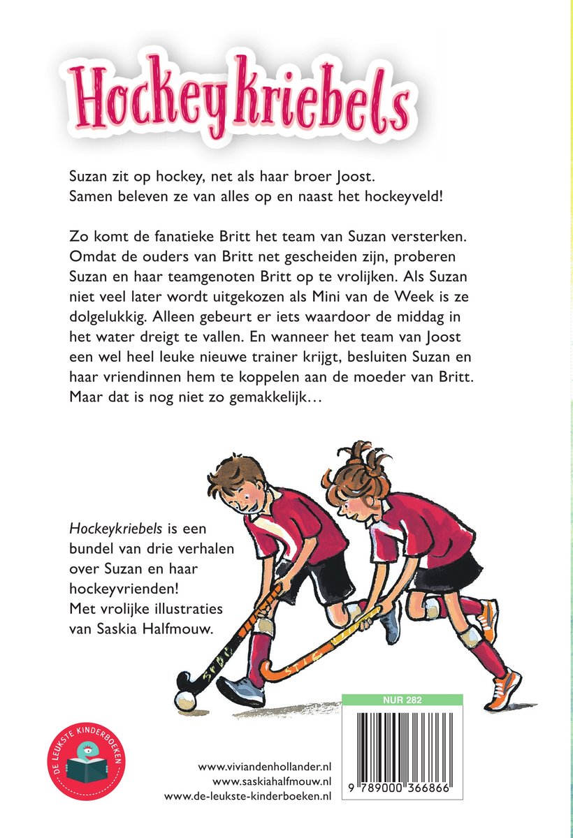 Boekcover met titel "Hockeykriebels", tekst, en illustratie van twee meisjes die hockey spelen.