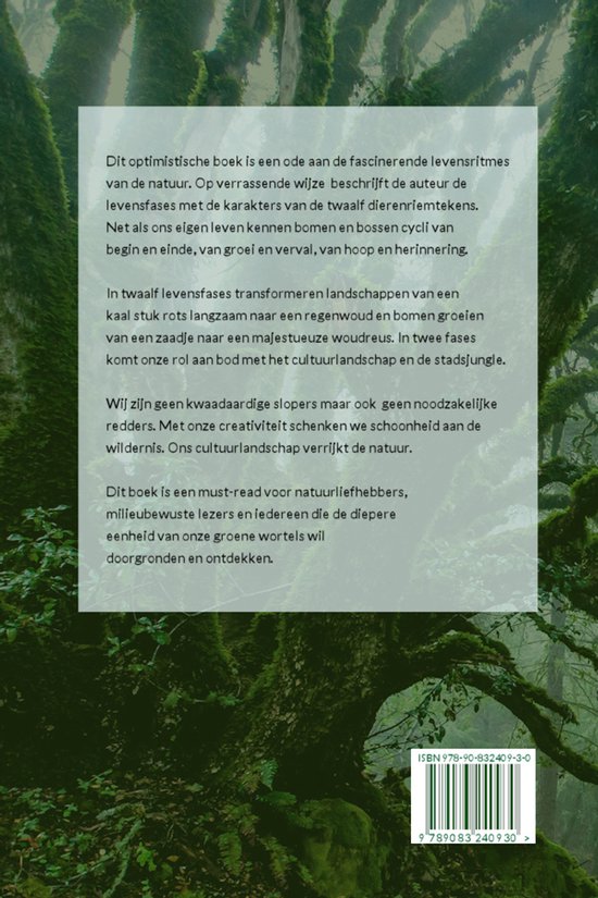 Achterkant van een boek met tekst over het bos, de natuur en het dierenriemmodel. ISBN: 978-90-832409-3-0.