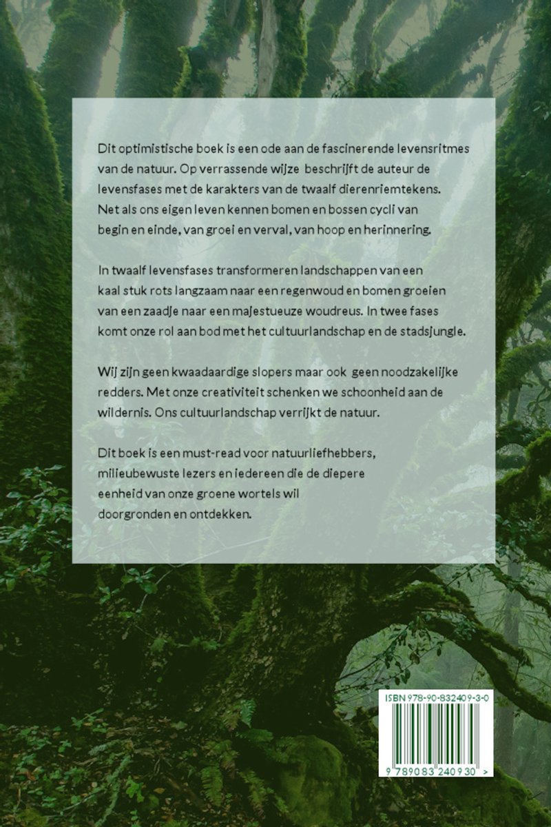 Achterkant van een boek met tekst over het bos, de natuur en het dierenriemmodel. ISBN: 978-90-832409-3-0.