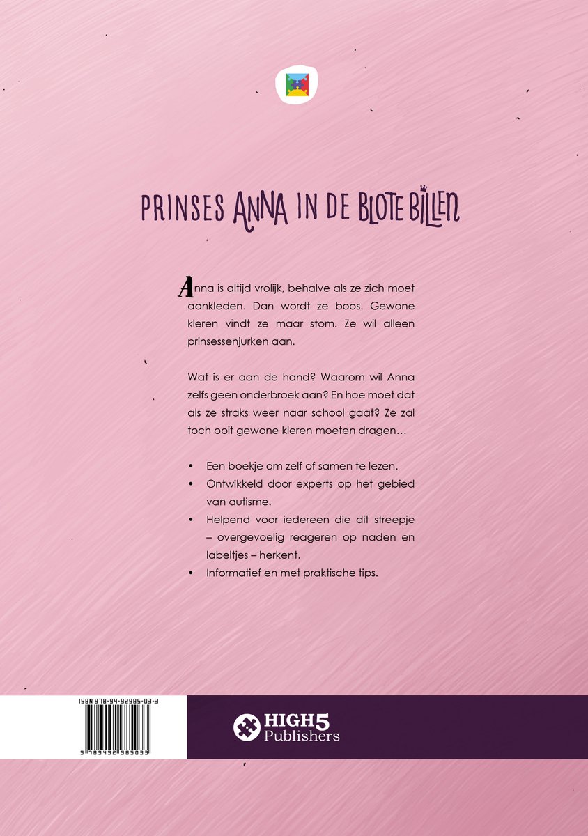 Boek "Prinses Anna in de blote billen". De achterkant van het boek beschrijft het verhaal en de voordelen van het boek.