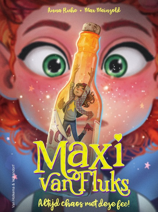 De voorkant van het boek 'Maxi van Fluks - Altijd chaos met deze fee!', met een grote fee en een fles.