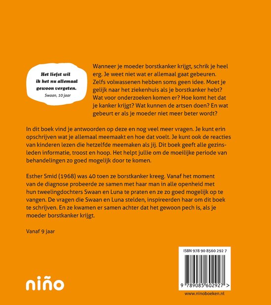 Achterkant van het boek "Gewoon pech als je moeder borstkanker heeft" met informatie over de inhoud en auteurs.