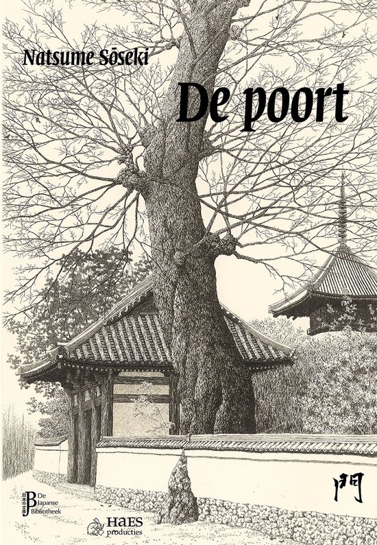 Couverture de livre avec un dessin d'une porte de temple japonaise sous un grand arbre. Titre : De poort.