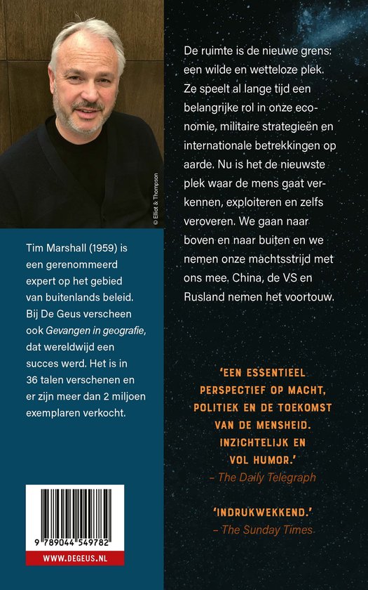 Portret van Tim Marshall, auteur van 'Gevangen in geografie', met tekst over zijn expertise en het boek.