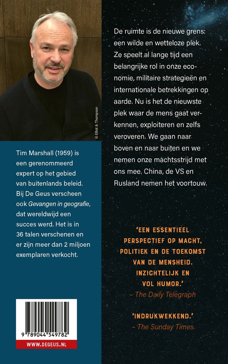 Portret van Tim Marshall, auteur van 'Gevangen in geografie', met tekst over zijn expertise en het boek.