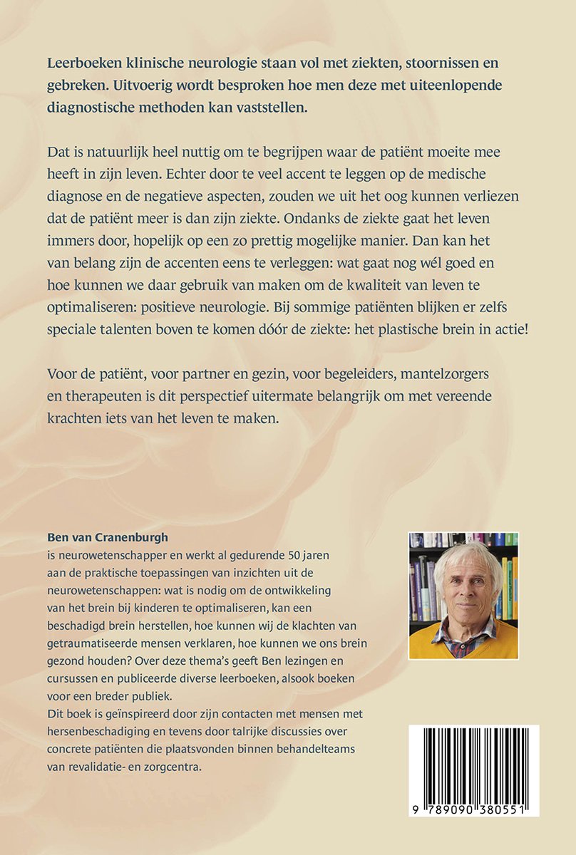 Achterkant boek "Positieve Neurologie" met een portret van Ben van Cranenburgh, auteur.