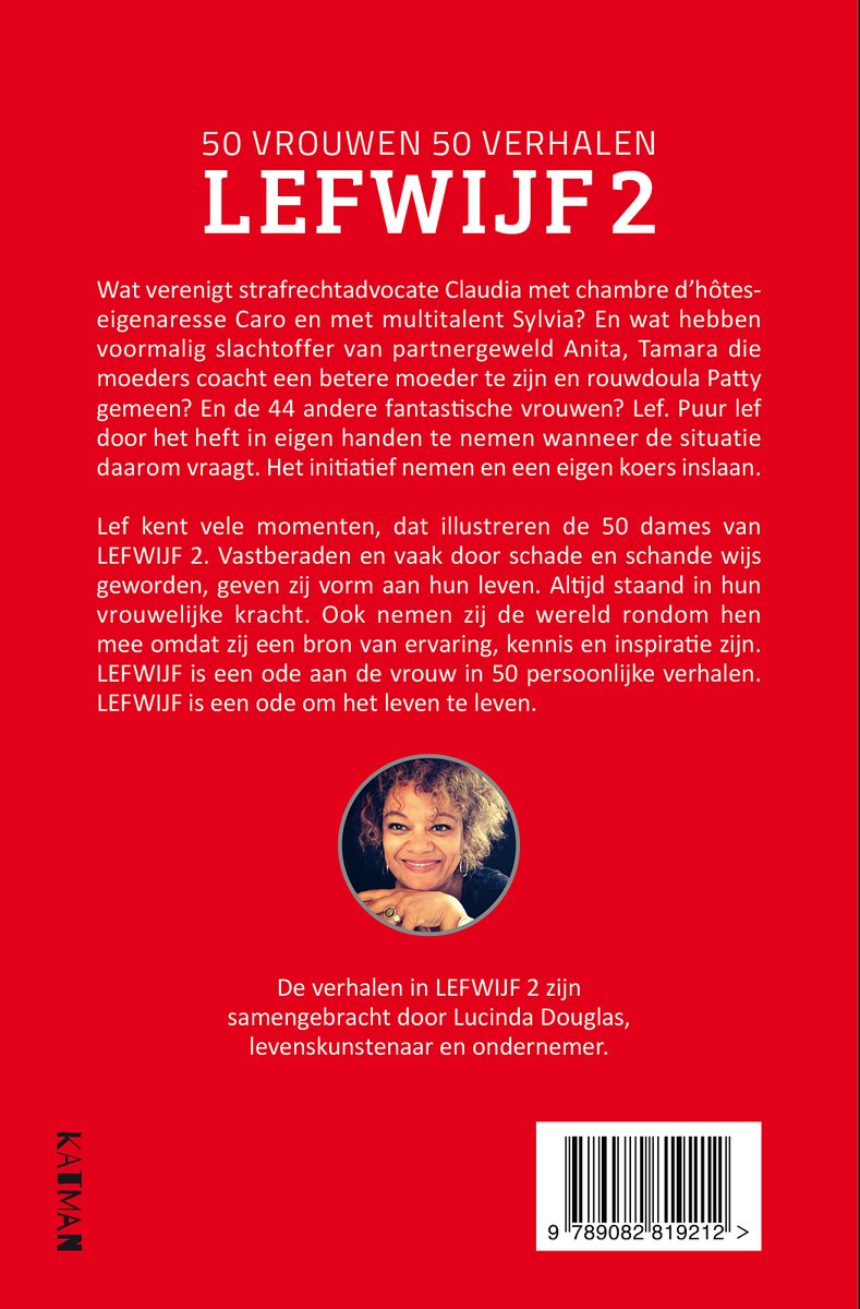 Boekomslag van "LEFWIJF 2" met de tekst "50 vrouwen 50 verhalen" en een portret van een glimlachende vrouw.