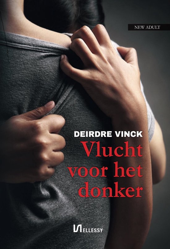Twee mensen die elkaar omhelzen. Titel: Vlucht voor het donker.