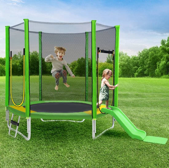 Trampoline-213-cm-met-glijbaan-net-dubbele-ingang-TUV-goedgekeurd-max-100-kg-buitenspeelgoed