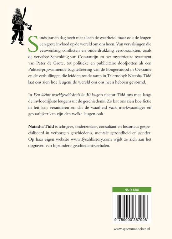 Illustratie van een middeleeuwse figuur met zwaard en schild, naast tekst over het boek 'Een kleine wereldgeschiedenis in 50 leugens' van Natasha Tidd.