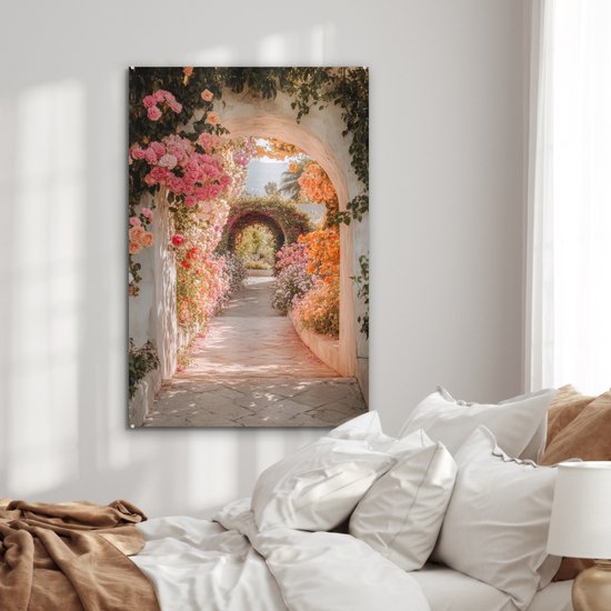MuchoWow® Peinture sur verre 80x120 cm - Peinture sur verre acrylique - Vue à travers - Arche - Fleurs - Pastel - Photo sur verre - Décoration murale salon - Décoration murale chambre - Peintures