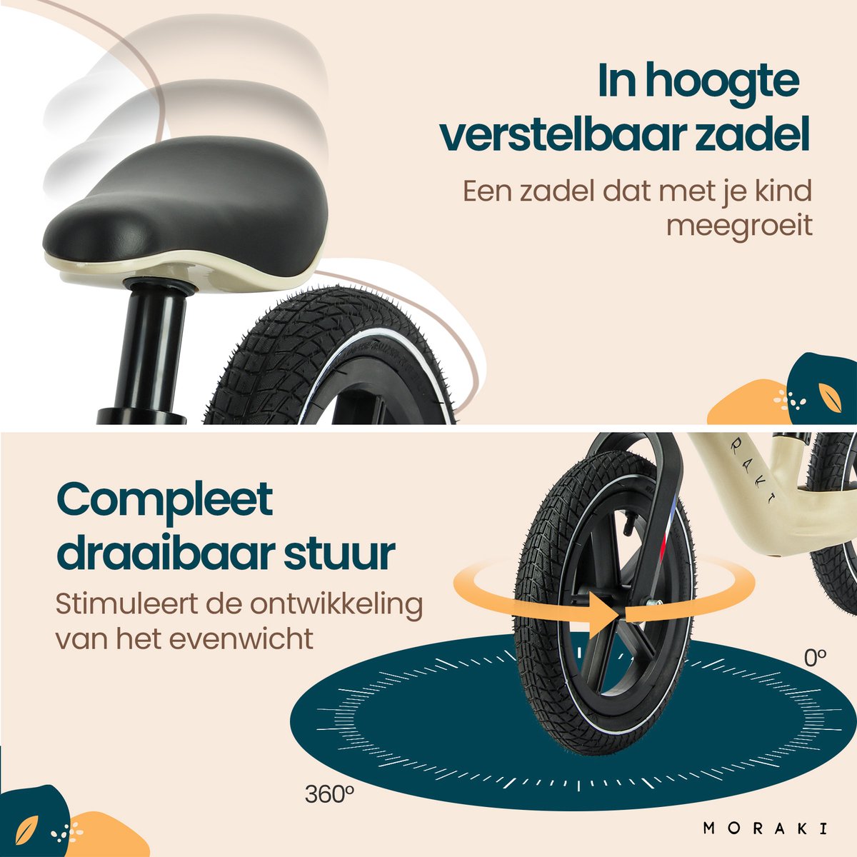 Moraki - Loopfiets - 2 Jaar - Verstelbaar Zadel - Balance Bike - 3 Jaar - Jongens en Meisjes - Beige — afbeelding 2