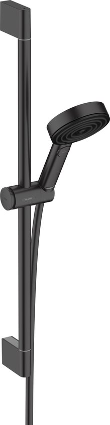 Matzwarte Hansgrohe douchekop met Select-knop en glijstang.