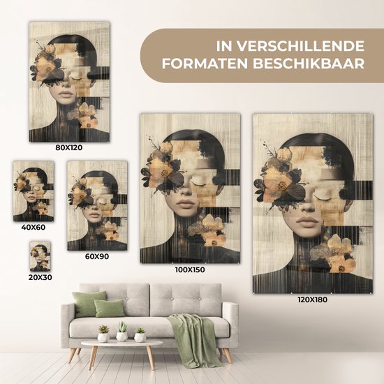 MuchoWow® Glasschilderij 20x30 cm - Schilderij acrylglas - Gezicht - Bloemen - Zwart - Vrouw - Foto op glas - Muurdecoratie woonkamer - Wanddecoratie slaapkamer - Schilderijen