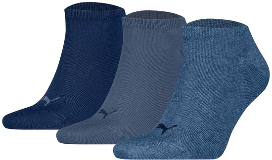 Drie Puma sportsokken voor dames/heren, in donkerblauw, grijsblauw en jeansblauw.