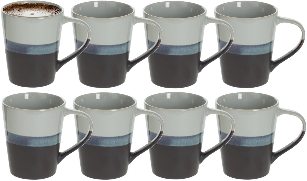 Secret de Gourmet Koffiemokken Lagune - 8x stuks - Keramiek - grijs/blauw - 360 ml - 9 x 10 cm