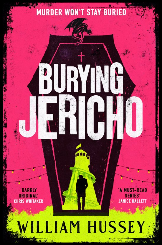 Boekomslag van 'Burying Jericho' met een roze achtergrond en een doodskist die het woord 'BURYING JERICHO' omsluit. Een figuur staat voor een lichtgevende toren, bovenin een draak.