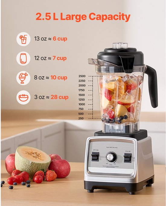Blender voor smoothies - 2,5 l (85 oz), 1600 W, professionele blender met krachtige motor voor multifunctionele voedselverwerking van Merkloos — afbeelding 5