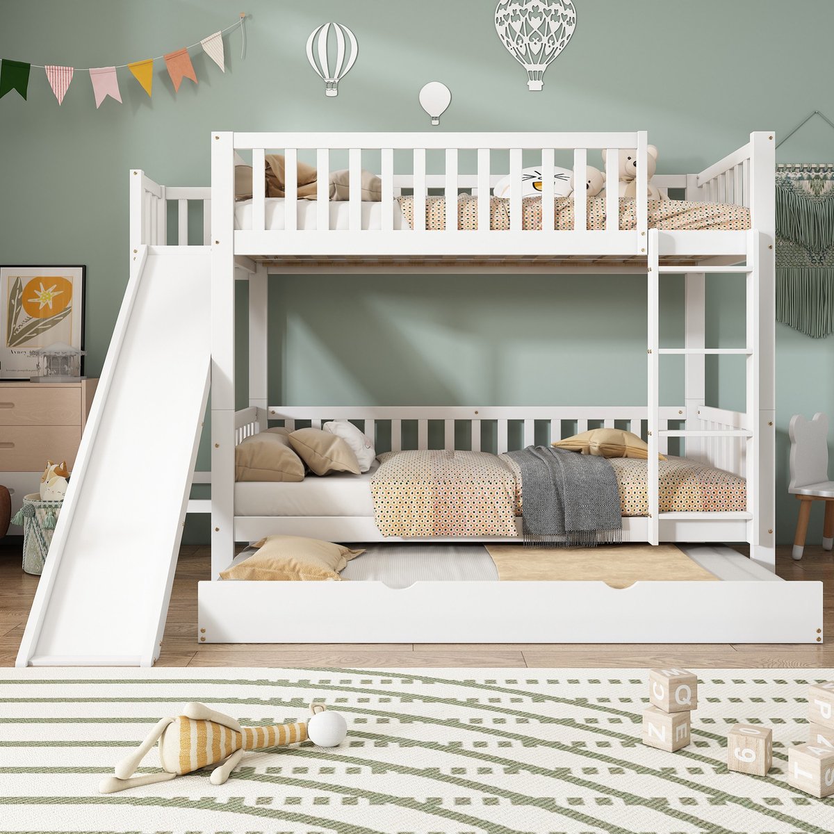 Sweiko Stapelbed met Extra bed, Kinderbed, met Valbeschermingsrooster, met Glijbaan, met 4