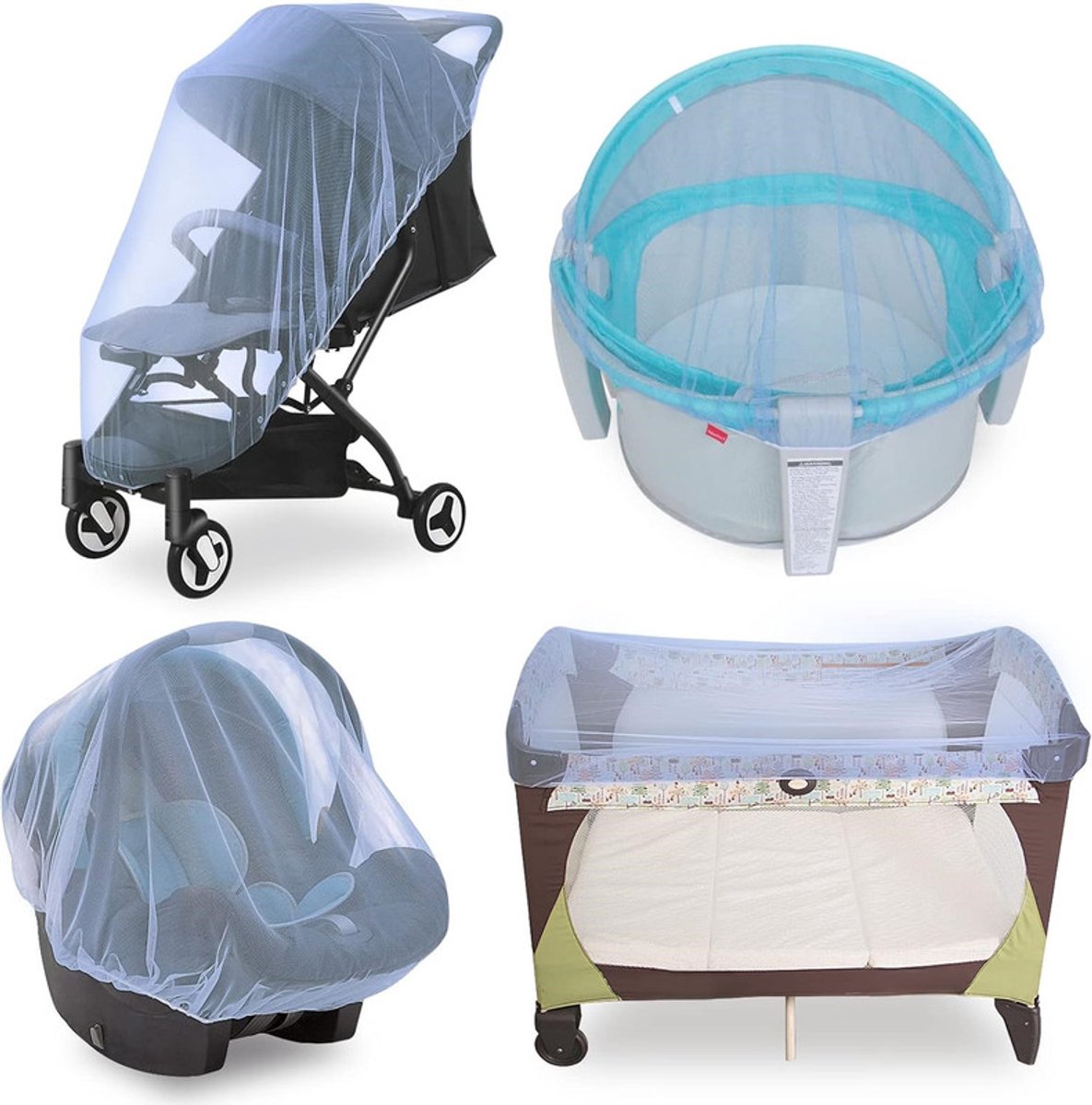Image of 4 stuks Baby Muggennet voor Kinderwagen, Herbruikbaar Muggennet voor Kinderwagen, Wiegjes, Wiegjes, Box N Plays en Draagbare Miniwieg, Draagbaar & Duurzaam Baby Muggennet (Alleen Muggennet) - blauw