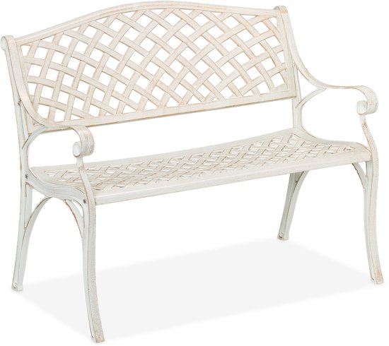 Witte aluminium tuinbank met gebogen armleuningen en een gedetailleerd rasterontwerp.