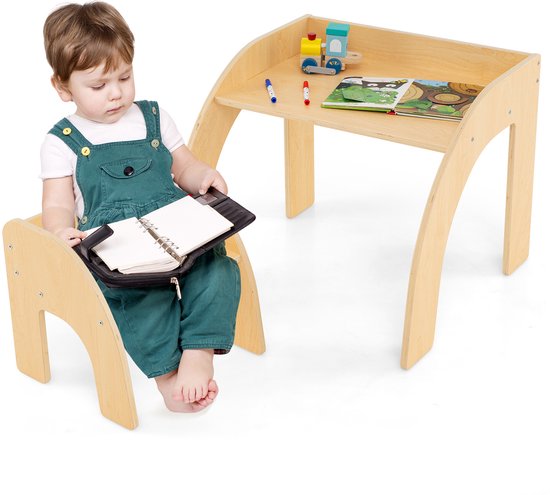 COSTWAY Children's table with 2 chairs, 3-in-1 activity table and easel made of wood with lifting table top with coloured cups, 6 fabric containers and paper roll, children's seating set for ages