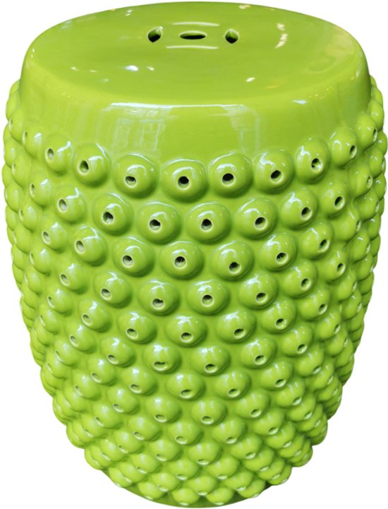 Groene keramische kruk met noppenpatroon en openingen, 33x46cm.
