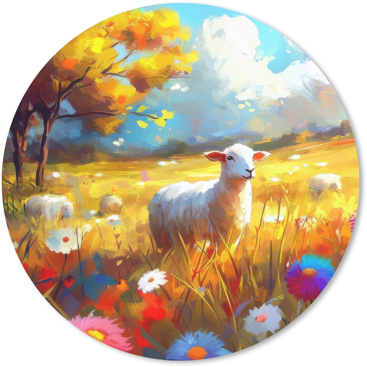 Muismat rond 40x40 cm - Mousepad Schaap - Weide - Bloemen - Ronde muismatten