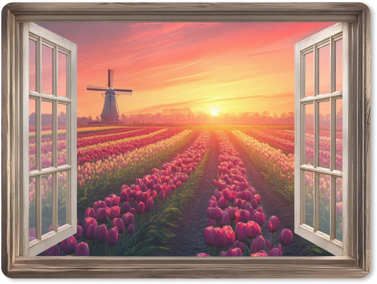 Muismat 23x19 cm - Mousepad Doorkijk - Tulpen - Zonsondergang - Bloemen - Kleurrijk - Muismatten