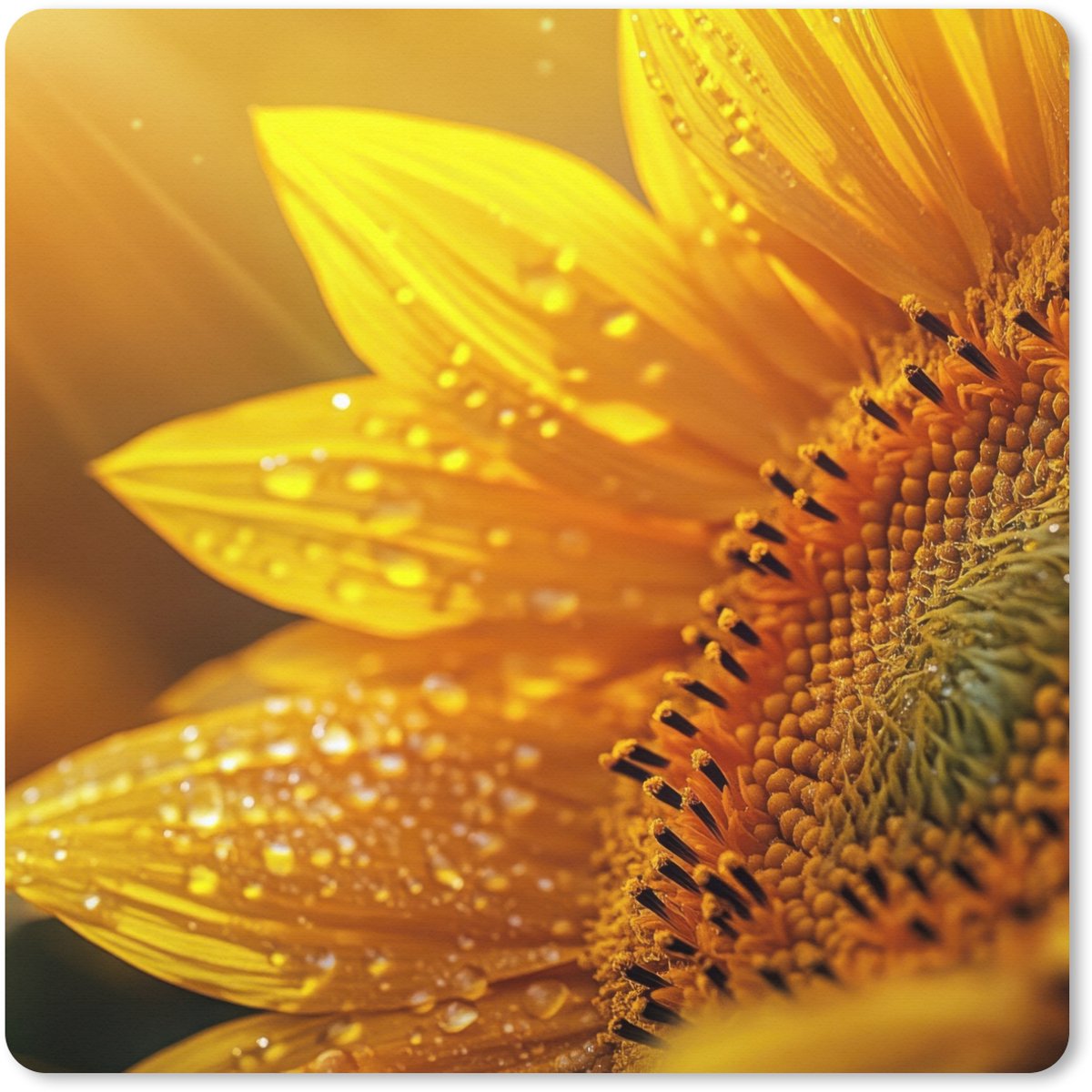 Muismat XXL 40x40 cm - Bureau onderlegger - Bureau mat Zonnebloem - Dauwdruppels - Geel - Zonlicht - Bureaumat - Gaming mousepad xl - Bureaulegger groot - Computer deskmat