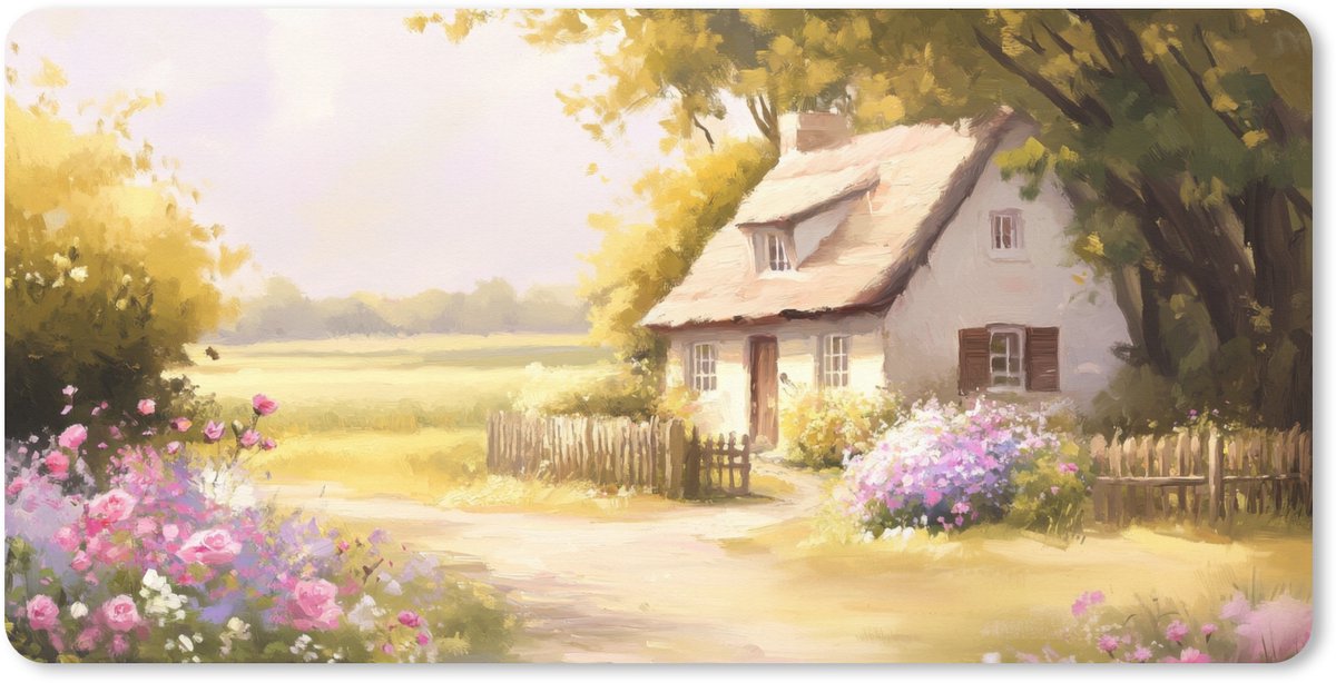 Muismat XXL 100x50 cm - Bureau onderlegger - Bureau mat Huisje - Hout - Bloemen - Bureaumat - Gaming mousepad xl - Bureaulegger groot - Computer deskmat