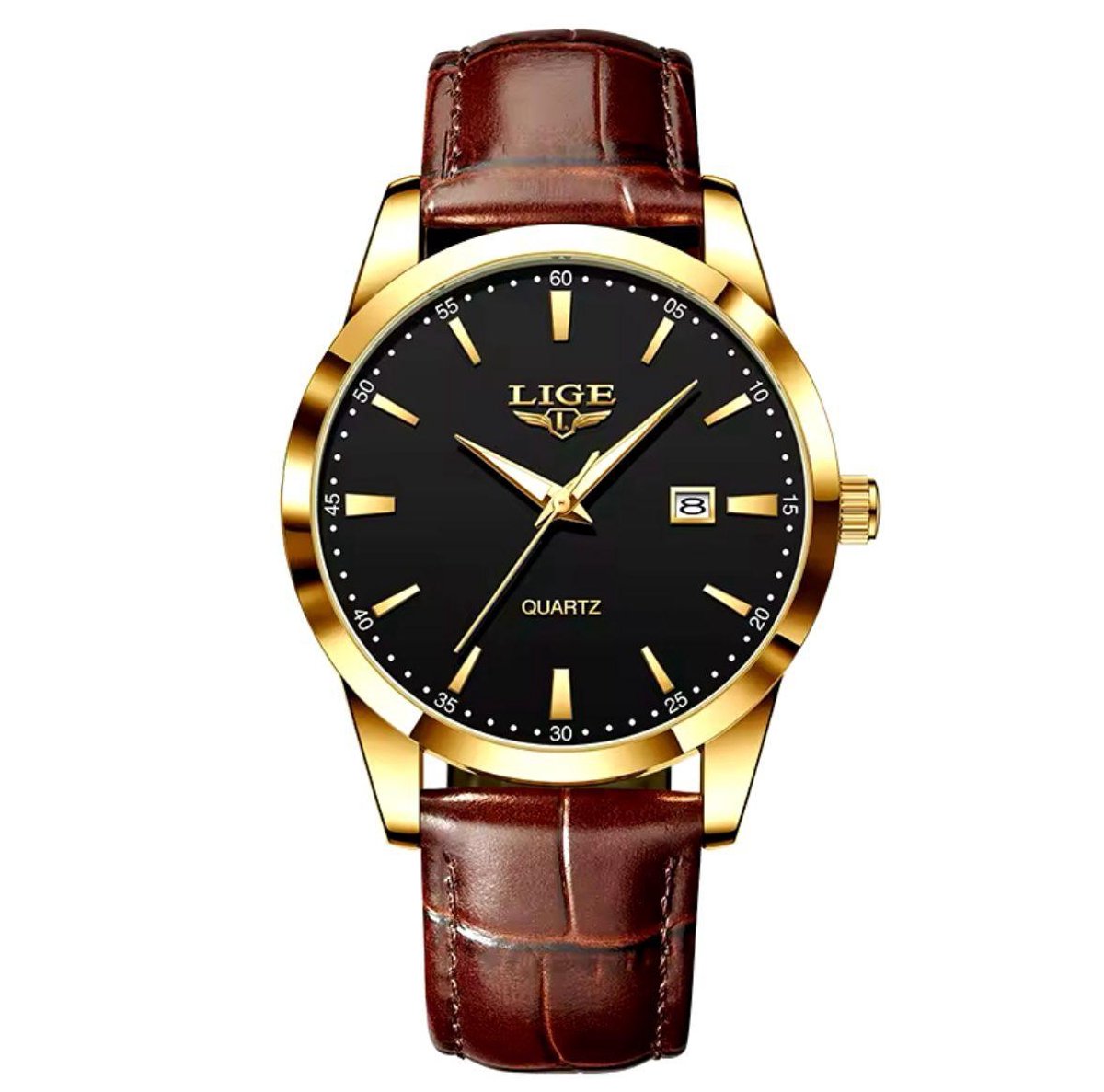 Lige - Luxe Herenhorloge - Polshorloge - Heren - Cadeau - Horloge - Geschenkdoos - Mannen - Goud Zwart - Bruin Lederenband