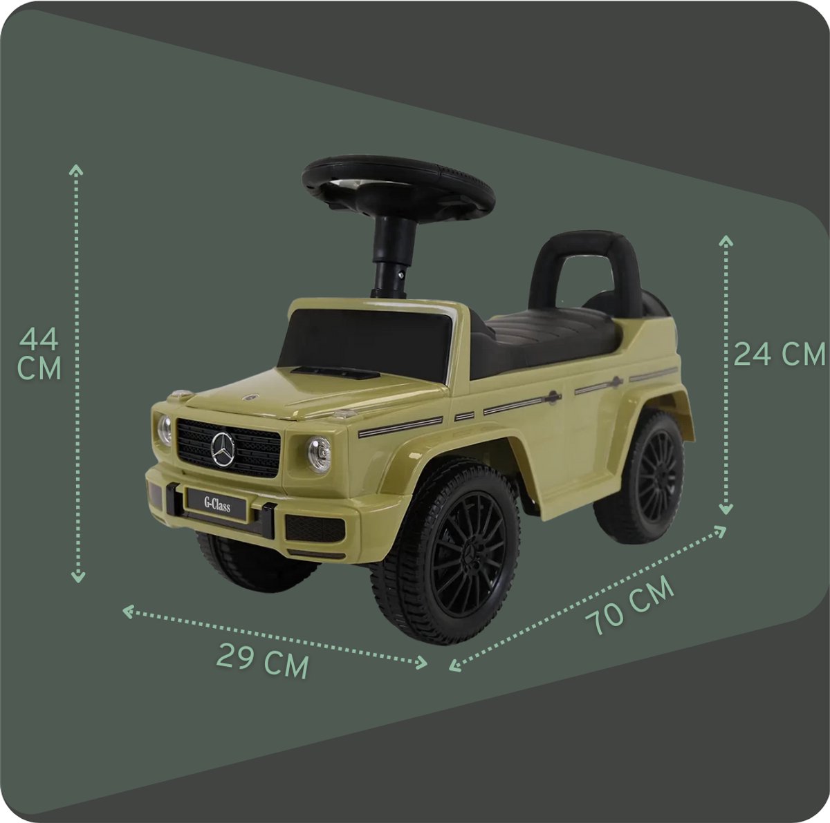 Bandits & Angels Loopauto Mercedes Benz G350D Retro Groen met Claxon vanaf 1 jaar voor Jongens en Meisjes - Stimuleert Motorische Vaardigheden - Loopwagen 24 cm - Groene Loop Auto — afbeelding 6