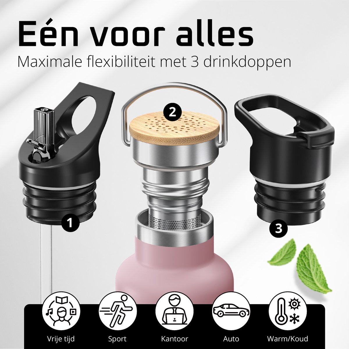 bemaxx Drinkfles met Rietje RVS Thermosfles ACTIVE FLASK (3 Drinkdoppen met Infuser), Volwassenen Kinderen, BPA-Vrij + Lekvrij | 1 Liter/500 ml Isoleerfles, Vacuüm Waterfles Sport Fitness Fietsen Water Fles Waterbidon Sportbidon thumbnail 3